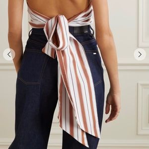 ROSIE ASSOULIN Cropped striped cotton poplin-trimmed cable-knit cotton halternec